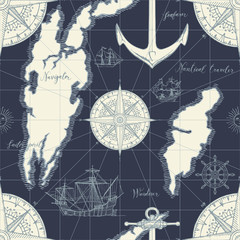  Vector abstract seamless background on the theme of travel, adventure and discovery. Old hand drawn map with vintage sailing yachts, wind rose, routs, nautical symbols and handwritten inscriptions
