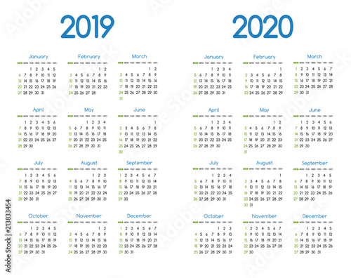 Fotografia New year 2019 and 2020 vector calendar modern simple design with round san serif font,Holiday event planner,Week Starts Sunday