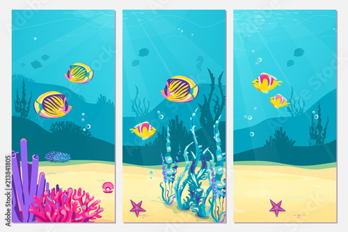 Underwater Scene Cartoon Flat Background With Fish Sand Seaweed