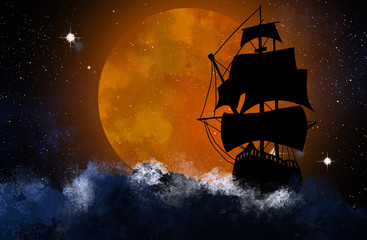 Wall Mural - silhouette of the ship against the background of the night starry sky and the big moon