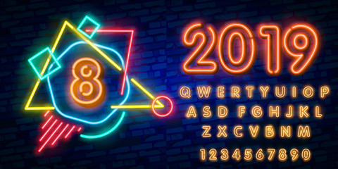 Number eight symbol neon sign vector. Eighth, Number eight template neon icon, light banner, neon signboard, nightly bright advertising, light inscription. Vector illustration