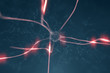 Artistic red blue colored neuron cell in the brain on black illustration background.
