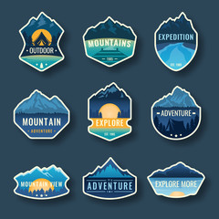 Wall Mural - Set of nine mountain travel emblems. Camping outdoor adventure emblems, badges and logo patches. Mountain tourism, hiking. Forest camp labels in vintage style