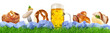 Oktoberfest Banner mit Bier, Schweinehaxe, Schweinebraten, Hähnchen, Brezel und Weißwurst - Essen und Trinken