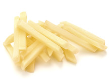 Raw Potato Sliced Strips Prepared For French Fries Isolated On White Background