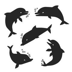 Wall Mural - Black dolphins silhouettes isolated on white background