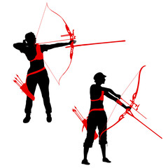 Set silhouette attractive female archer bending a bow and aiming in the target