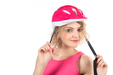 Sport Vacation. Healthy Lifestyle. Sport Attributes. Sportswoman In Protective Helmet. Beautiful Woman In Bicycle Helmet. Portrait Of Woman Wearing Helmet Isolated On White Background.