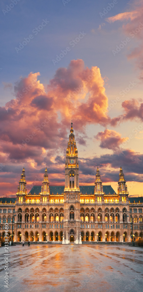 Obraz na płótnie Vienna's Town Hall (Rathaus) in the evening after the rain w salonie