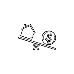 Poster - House and dollar on seasaw hand drawn outline doodle icon. Real estate, cost, finance, money, property concept. Vector sketch illustration for print, web, mobile and infographics on white background.