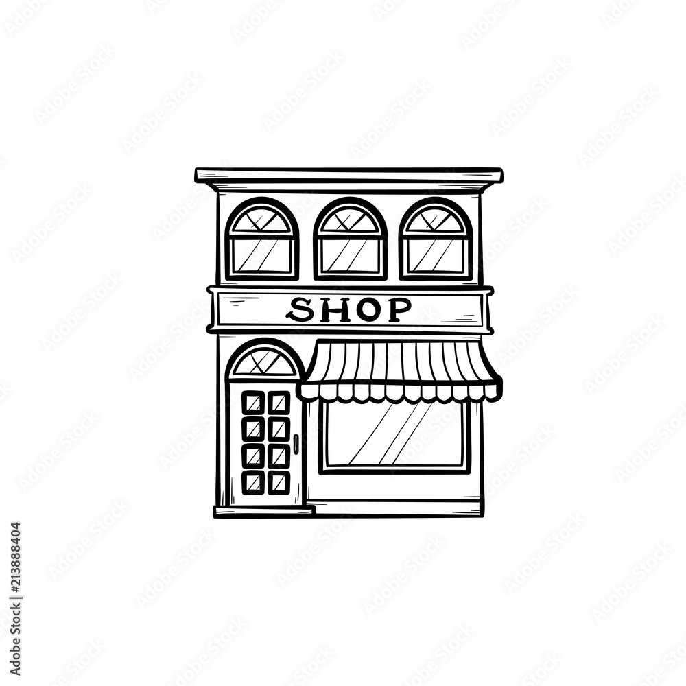 Front of shopping store hand drawn outline doodle icon. Local shop retail store front market concept. Vector sketch illustration for print web mobile and infographics on white background. Stock Vector...