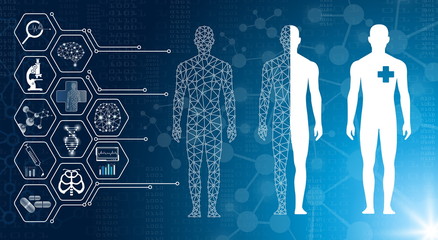 abstract background technology concept in blue light,brain and human body heal ,technology modern me