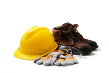 Construction Site Safety. Personal Protective Equipment On White Background