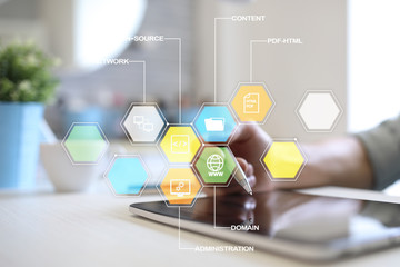 Wall Mural - CMS. Content management system applications icons on virtual screen. Business, internet and technology concept.