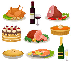 Flat vector set of traditional holiday food and drinks. Tasty meal and beverage. Delicious dishes for dinner. Sweet desserts