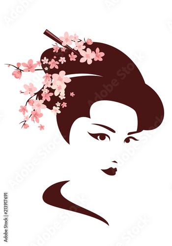 Cuadros en Lienzo japanese geisha among cherry tree blossom vector portrait