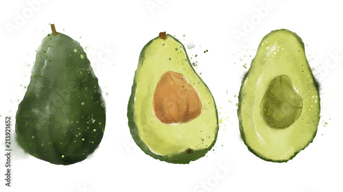 Fototapeta na wymiar Watercolor avocado whole and sliced