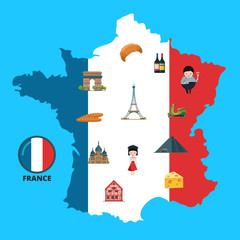 Poster - Vector cartoon France sights on France map illustration