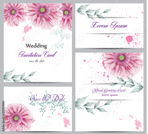 Watercolor flowers blossom card set Vector. Vintage greeting poster, wedding ...