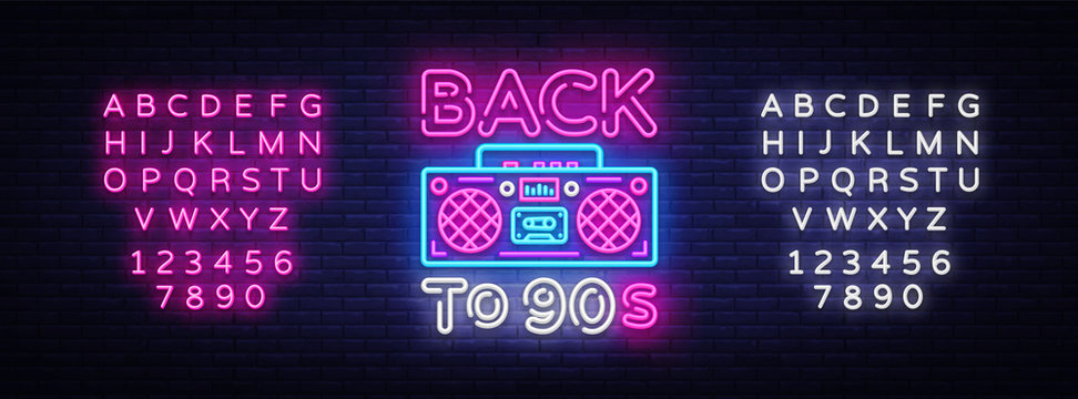 back to 90s neon poster, card or invitation, design template. retro tape recorder neon sign, light b