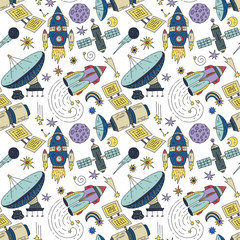 Wall Mural - seamless vector pattern with cosmos doodle illustrations. galaxy handdrawn elements.