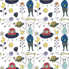 Wall Mural - seamless vector pattern with cosmos doodle illustrations. galaxy handdrawn elements.