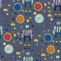 Wall Mural - seamless vector pattern with cosmos doodle illustrations. galaxy handdrawn elements.