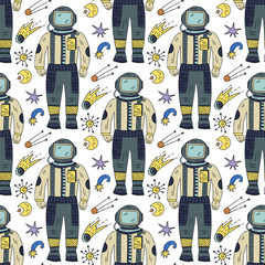 Wall Mural - seamless vector pattern with cosmos doodle illustrations. galaxy handdrawn elements with cosmonaut.