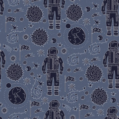 Wall Mural - seamless vector pattern with cosmos doodle illustrations. galaxy handdrawn elements.