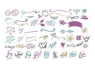Wall Mural - handdrawn vector doodle set. floral elements, swashes, lines, short text messages.