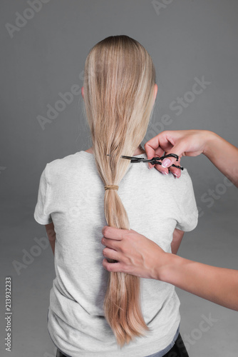 Professional Stylist Cutting Off Woman S Hair Female Hairdresser