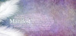 Manifest Abundance Word Cloud - two white feathers and a MANIFEST word cloud against a rustic purple subtle colored stone effect  background with copy space
