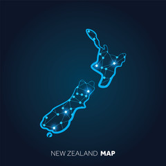 Poster - Map of New Zealand made with connected lines and glowing dots.