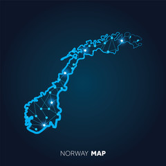 Poster - Map of Norway made with connected lines and glowing dots.