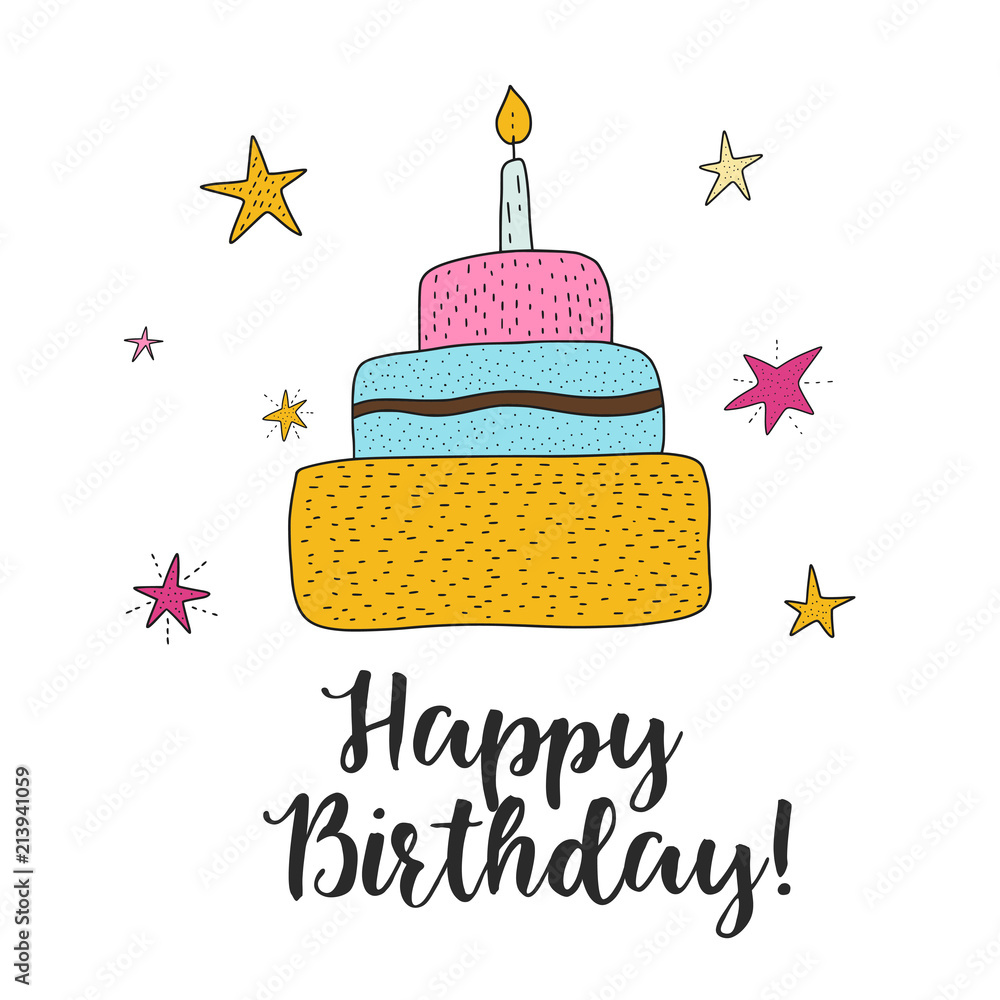 Vector birthday cake cartoon illustration. Cute greeting happy birthday  card. Stock Vector | Adobe Stock, image size:1000x1000