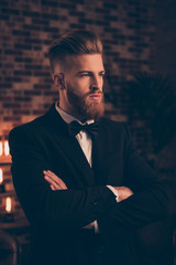 Wall Mural - Black blazer white shirt collar birthday concept. Half-turned vertical portrait of stunning handsome attractive virile masculine strict focused millionaire sharp-dressed standing with folded hands