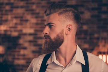 Wall Mural - White shirt swag style mature vintage concept. Side half-faced profile view close up portrait of stunning virile masculine serious concentrated cool experienced expert hairdresser looking aside