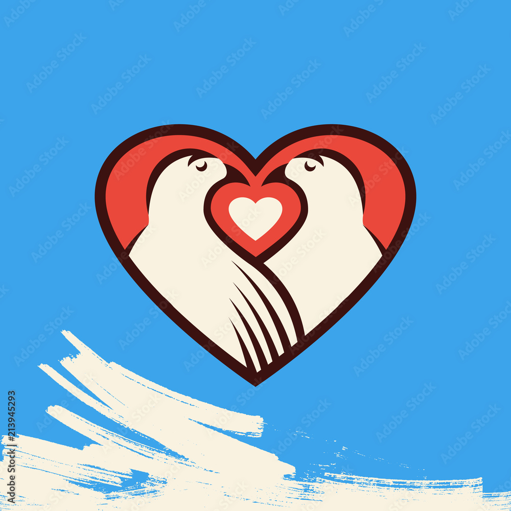Dove and heart shape icon. Ink brush background. Love retro poster design.