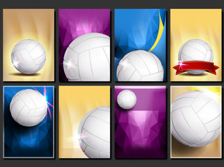 Sticker - Volleyball Poster Set Vector. Empty Template For Design. Promotion. Volleyball Ball. Vertical Modern Tournament. Sport Event Announcement. Beach, Net. Banner, Flyer Advertising. Blank Illustration