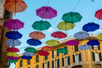 Sticker - Salita Santa Caterina, Genoa, colored umbrellas over the street