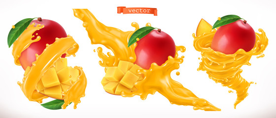 Wall Mural - Mango juice. Fresh fruit 3d realistic vector icon