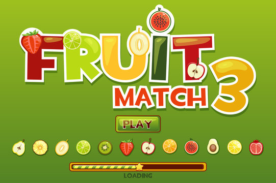 Fruit match3 on background and fruits icons. Button play and loading game