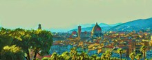 Cityscape View Of Florence, Tourism In Italy. Italian City Old Architecture. Big Size Oil Painting Fine Art. Modern Impressionism Drawing Artwork. Creative Artistic Print For Poster, Canvas Or Paper.
