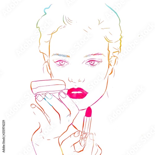 Beautiful Girl Or Woman Putting On Lipstick Put On Make Up With Stick Doing Makeup Doing Makeup Fashion Illustration Sketch Buy This Stock Illustration And Explore Similar Illustrations At Adobe Stock,Male Physique Sketch Male Body Drawing