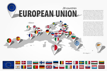 Wall Mural - European union 28 countries and GPS navigator location pin with national flag on perspective europe continent map . And set of wavy style flag elements membership of EU . Vector