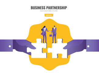  Two people handshake on connecting puzzle elements. Business partnership concept. vector illustration