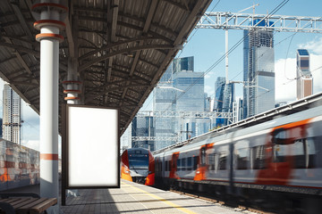 Blank banner at metro platform with arrived train on a background, 3d rendering