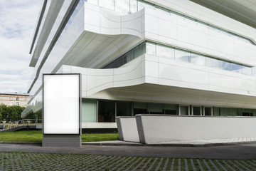 Wall Mural - Blank white banner next to white modern building. 3d rendering