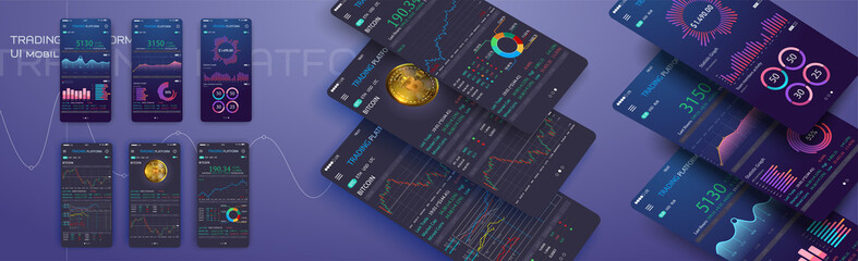 Wall Mural - Trade exchange app on phone screen. Mobile banking cryptocurrency ui. Online stock trading interface vector eps 10. Illustration of mobile banking crypto currency, bitcoin