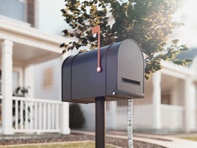 Closed Mail Box With Big House And Green Tree On Background, 3d Rendering